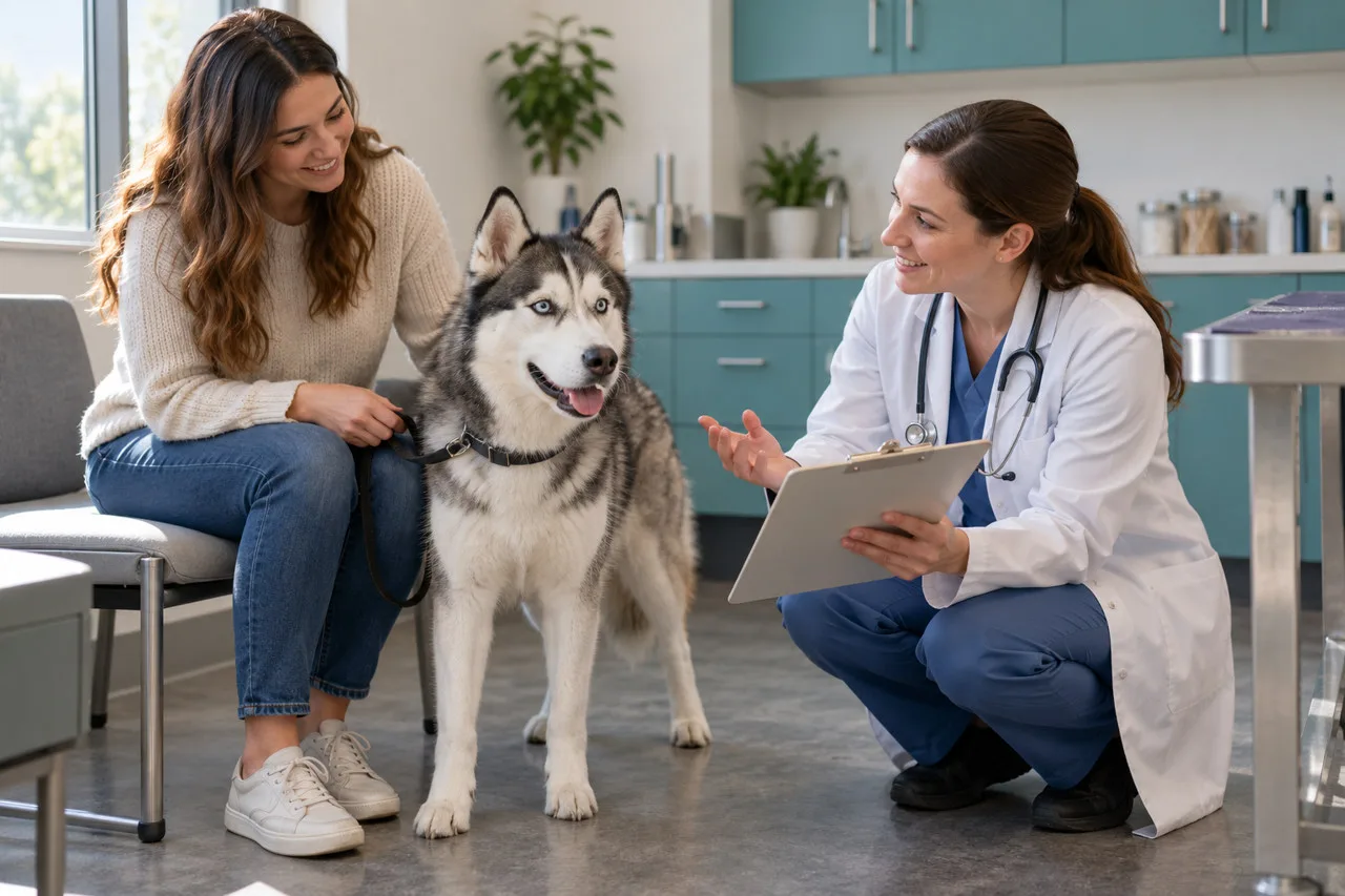 Veterinarian and owner discussing a folder beside a gray-and-white dog