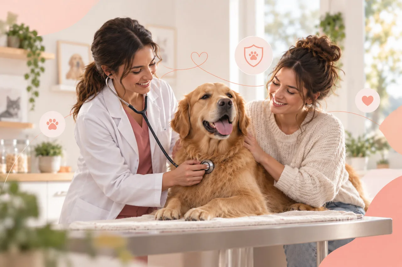 Veterinarian examining a dog beside its owner